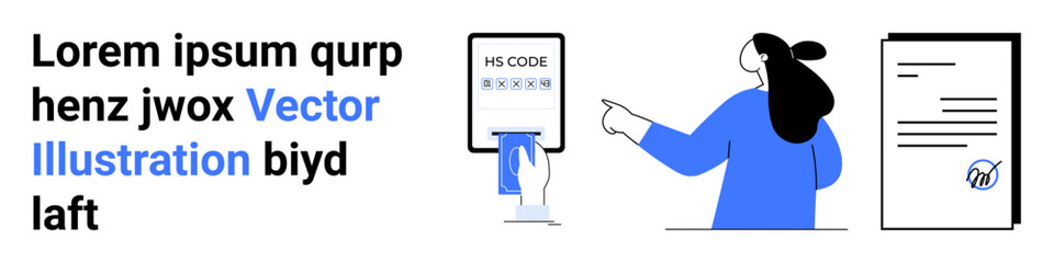 Businesswoman pointing at mobile screen displaying HS code. Text document and sample filler text on left. Ideal for trade, mobile apps, documentation, office work, presentations, educational