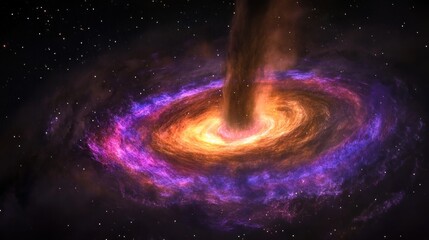 Obraz premium A swirling black hole in space with bright, orange and purple light emanating from its center.