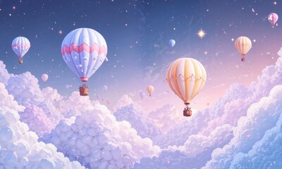 Fototapeta premium Colorful Hot Air Balloons Flying Over Dreamy Cloud Landscape
