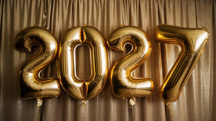 Shining gold balloons spell out '2027', exuding a festive and celebratory vibe against a dazzling backdrop.