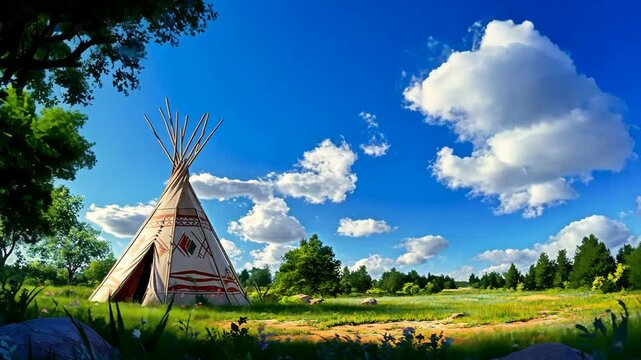 A teepee stands in a grassy field under a bright blue sky, surrounded by trees and fluffy white clouds