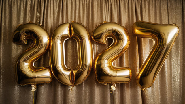 Shining gold balloons spell out '2027', exuding a festive and celebratory vibe against a dazzling backdrop.