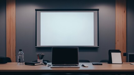 Minimalist Workspace Featuring a Blank White Projector Screen and Laptop Setup