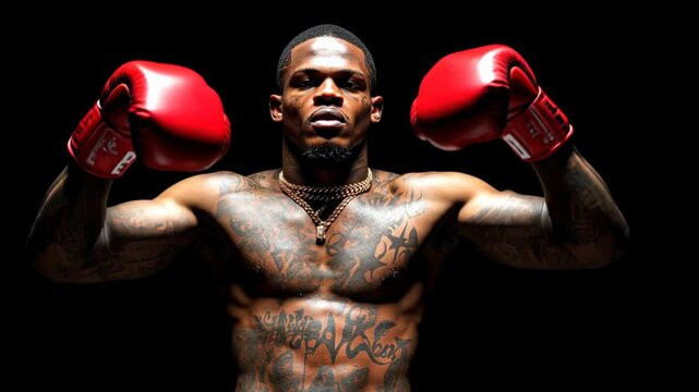 A boxer stands with his arms raised, wearing red gloves and a determined expression