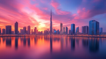 Obraz premium A city skyline is reflected in the water, with the sun setting in the background