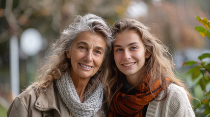 Obraz premium Smiling grandmother and granddaughter standing close together outdoors in cozy scarves and sweaters, enjoying a cool autumn day with a background of soft greenery