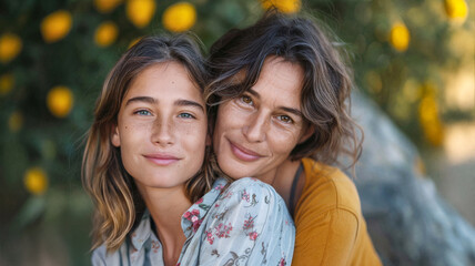 Mother and daughter embracing outdoors with soft smiles, surrounded by a natural backdrop of greenery and bright yellow lemons, radiating warmth and closeness