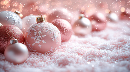 A dreamy pink and white Christmas background featuring beautiful ornaments, ideal for holiday greeting cards, designs, and festive decor.