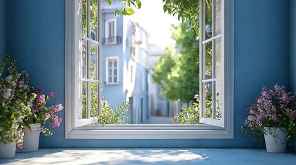 Bright Window View with Plants and Scenic Background