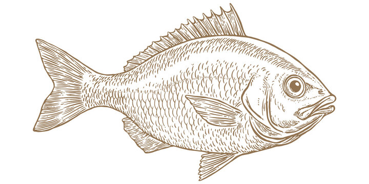 Gilt-head bream, fish, Dorado, seafood, sketch. Vintage retro print, seafood fish sketch, sea life, ink pencil style drawing engrave old school sketch, hand drawn. Sketch artwork fish. Illustration