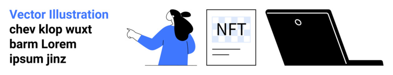 Person in blue shirt pointing at an NFT document, with a laptop beside them. Ideal for digital assets, blockchain, technology, online business, financial technology, education, creative media. Banner