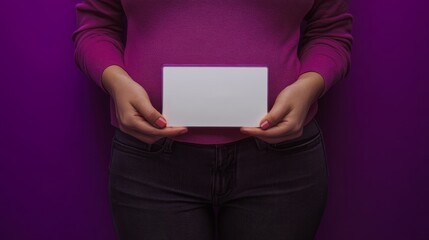 Naklejka premium Woman Holding a Blank Card on Purple Background