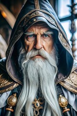 Wise sorcerer in mystical robes with intense gaze and long white beard