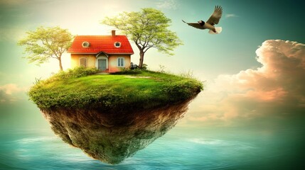 Floating Island with House and Bird in Sky