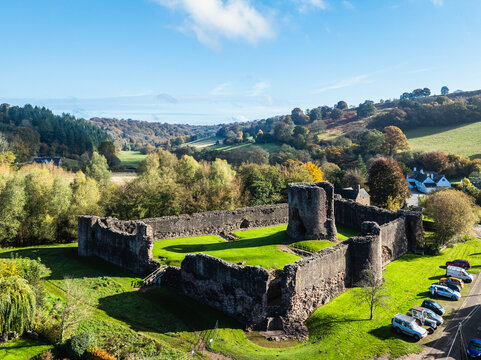 Skenfrith Castle from a drone, Monmouthshire, Wales, England