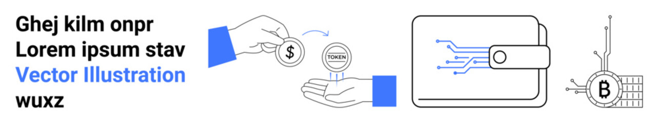Hands exchanging a coin with dollar and bitcoin symbols, secure digital wallet with circuit pattern, Bitcoin network symbol. Ideal for financial apps, fintech services, blockchain, cryptocurrency