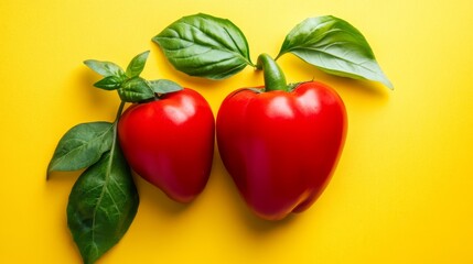 Heart Shaped Red Bell Peppers with Green Basil Leaves on Yellow Background