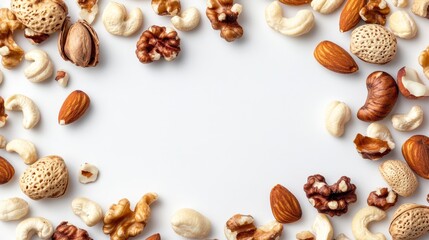 Fototapeta premium Mixed Nuts Frame Top View White Background Copy Space