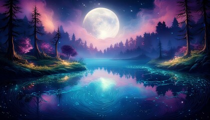 Fototapeta premium A magical forest on a lake with the moon floating on it,generated by AI