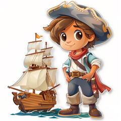 A cartoonish young pirate with a bright smile stands next to a small sailboat. AI Generated