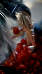 hands of an old woman filling a plastic bag with red cherry tomatoes