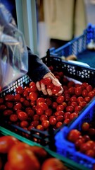 hands of an old woman filling a plastic bag with red cherry tomatoes lying in plastic boxes