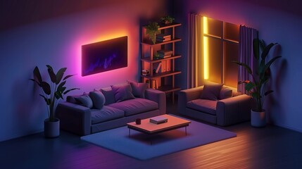 Vibrant and Cozy Living Room with LED Lighting Creating a Warm and Inviting Atmosphere