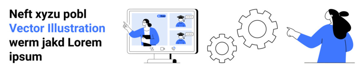 Team engaging in an online meeting with diverse teammates displayed on a monitor and gears symbolizing collaboration and productivity. Ideal for remote work, team collaboration, digital meetings