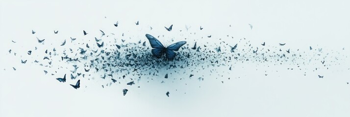 A large blue butterfly surrounded by a swarm of smaller butterflies on a white background.