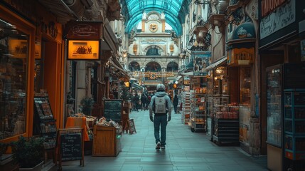 Fototapeta premium A lone pedestrian walks through a bustling European shopping arcade, surrounded by shops and people.