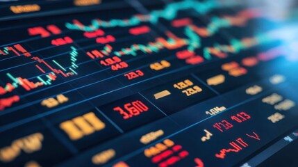 Close-up of a stock market screen displaying numbers and graphs.
