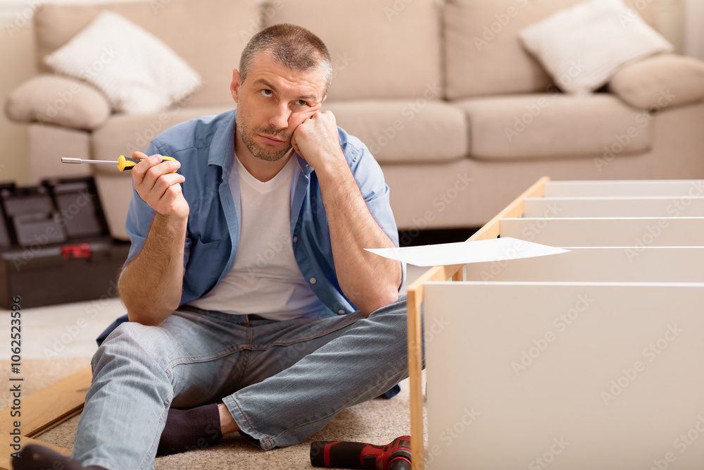 Poster unhappy man assembling furniture himself having trouble installing cabinet sitting on floor at home.