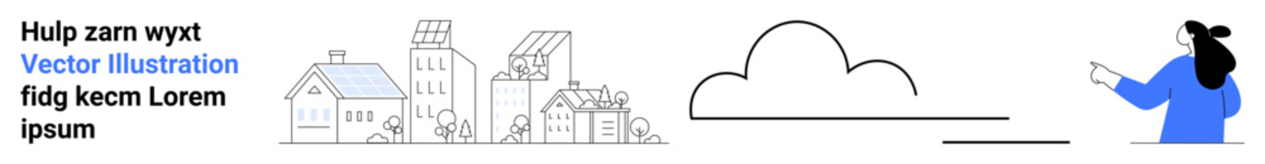 Cityscape with buildings, cloud computing symbol, and person in blue sweater holding a tablet. Ideal for technology, real estate, urban planning, digital marketing, education, sustainability, smart