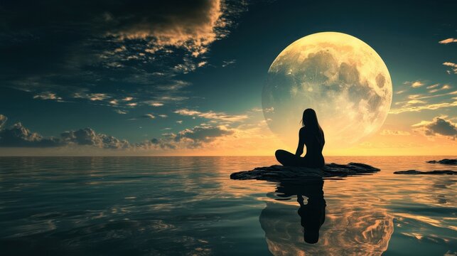 A person meditating by the sea at sunset