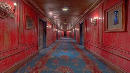 A long hallway with red walls and a blue patterned carpet, with several closed doors and artwork on the walls.