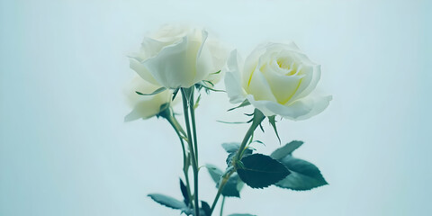 A serene image of white roses against a soft blue background, symbolizing purity and beauty.