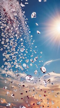 A cascade of diamonds and rubies falling in front of a colorful sky, creating a luxurious, surreal scene with sunlight.