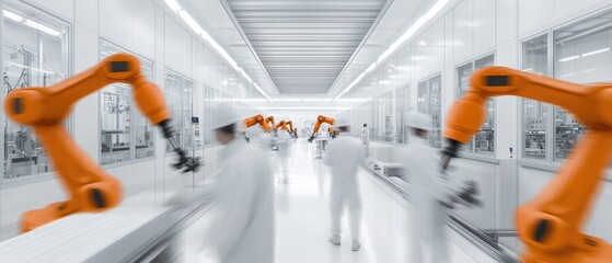 Very realistic photo of a clean, white-walled factory where orange robotic arms move in harmony with blurred workers The long exposure creates a fluid, streamlined visual of industrial efficiency