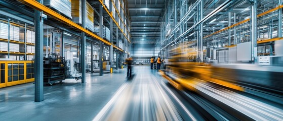 Very realistic and photographic photo of a modern, sleek warehouse interior with motion-blurred workers and automation machinery at work The long exposure captures the flow of the operation in a