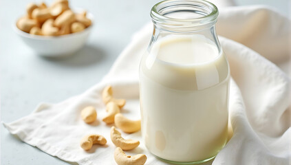 A clean, bright image of homemade cashew milk in a glass bottle, with cashews and a white cloth napkin in the background.