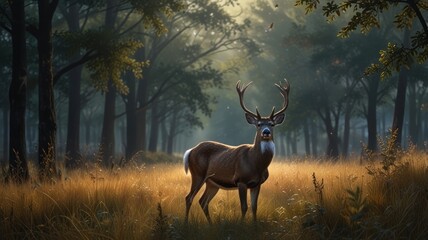 Obraz premium a deer standing in a sun-dappled forest. The deer's antlers and spotted coat are clearly visible, adding to its majestic appearance.