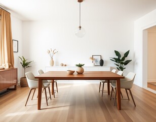 Modern dining room with wooden table and minimalist decor.