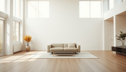 Minimalist living room with natural light and modern decor.