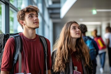 College students attending a campus orientation tour, exploring academic buildings, dormitories, and social spaces to get familiar with the university