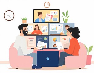 A couple working together on a project with multiple screens.