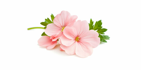 Fototapeta premium A delicate arrangement of pink flowers with green leaves on a white background.