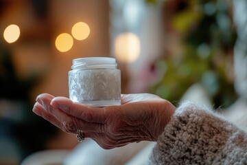 The hand of an older woman tenderly holds a moisturizer jar, symbolizing self-care and elegance in a cozy home setting