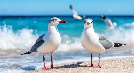 Obraz premium Seagulls at the beach a serene moment with nature's coastal birds