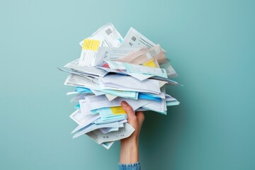 A hand nervously holding a pile of overdue bills and debt notices against a solid color background, highlighting financial anxiety