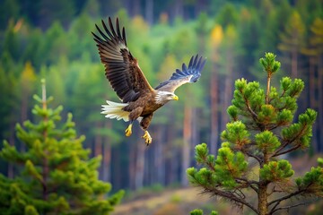 Fototapeta premium White tailed eagle flying over small pine tree in forest